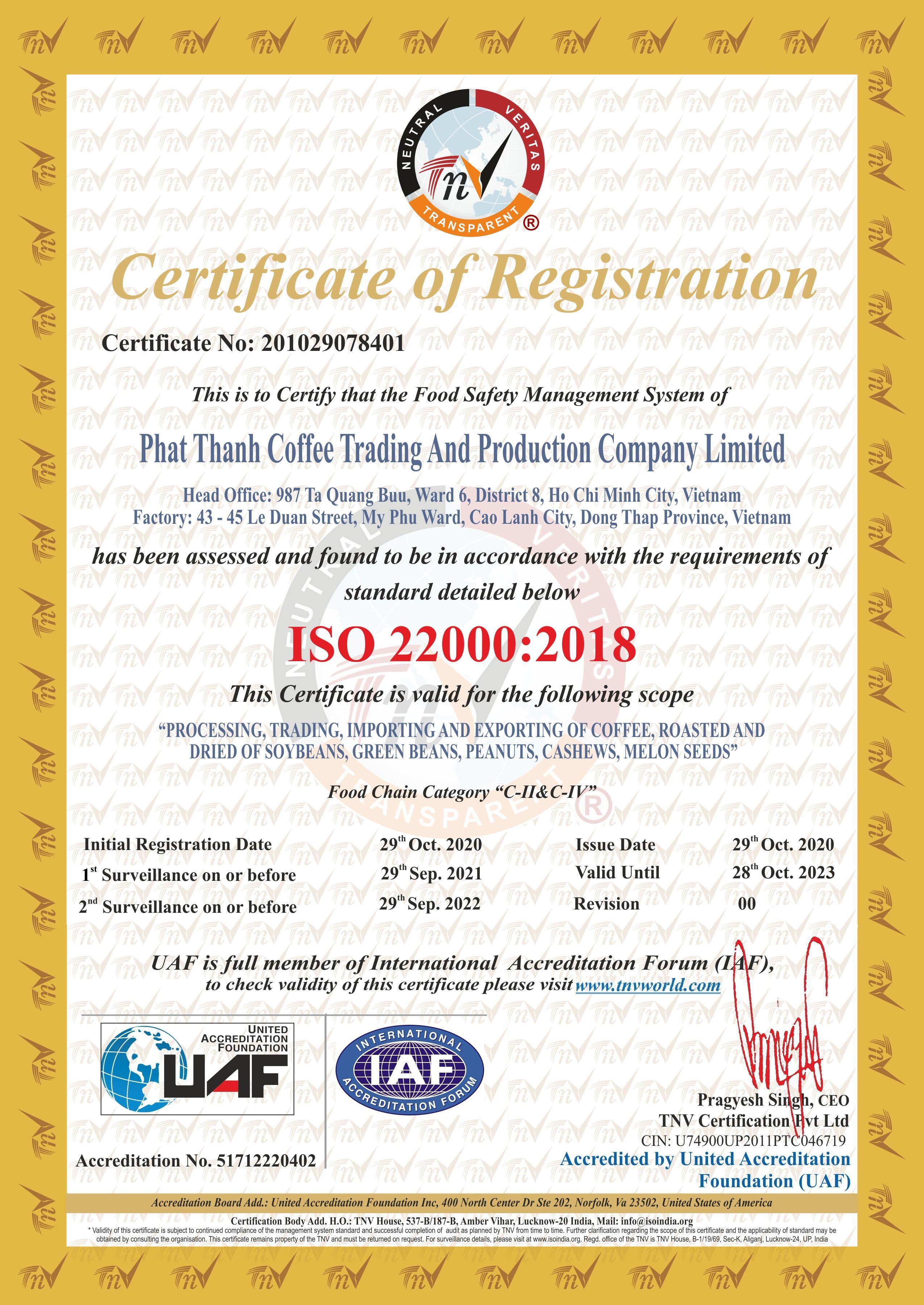 ISO 22000:2018 Certificate of Phat Thanh Cafe